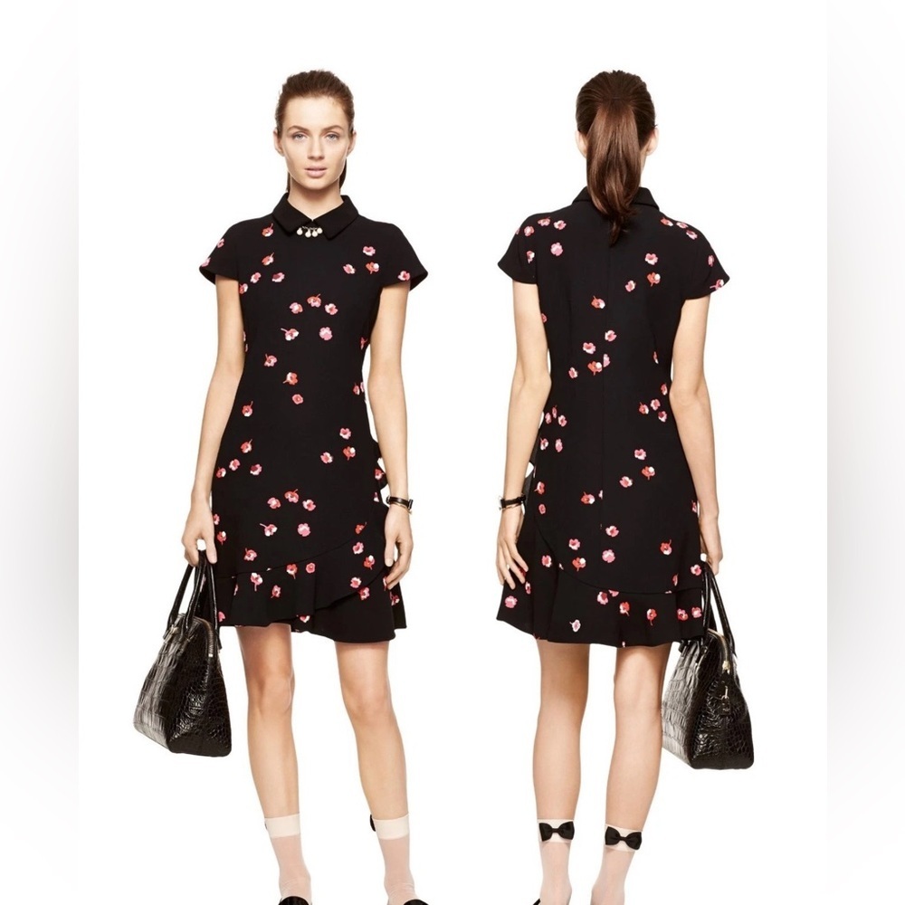Kate Spade Poppies Short Sleeve Ruffle Hem Dress Navy Pink Large L